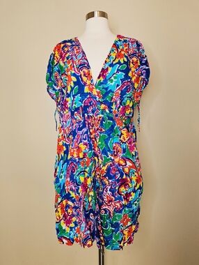Lauren Ralph Lauren Rainbow Tropical Mini Dress Cotton Swimsuit Cover Up Red XL